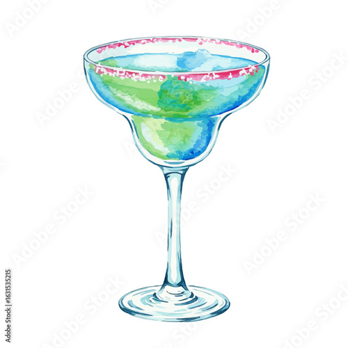 Refreshing margarita cocktail illustration with a vibrant watercolor effect and a pink sugared rim, perfect for summer vibes and festive occasions