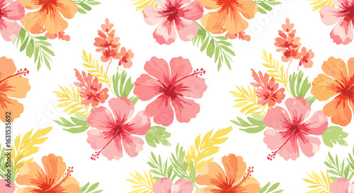 Seamless tropical pattern with hibiscus flowers and lush foliage perfect for vibrant backgrounds and designs