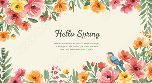 Watercolor Spring floral frame with bird and text Hello Spring for seasonal greeting card design and decoration