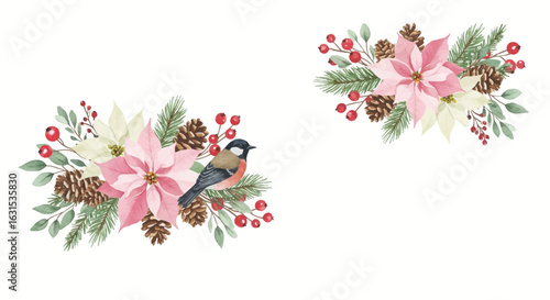 Watercolor Christmas poinsettia arrangement with bird, pine cones, and berries for holiday decoration and design