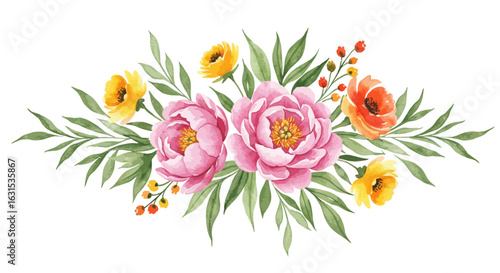 Watercolor floral arrangement with pink peonies, yellow buttercups, and green foliage for elegant design projects