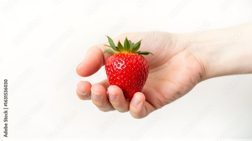Obraz premium Hand holding a fresh ripe red strawberry with green leaves against a white background in a studio shot