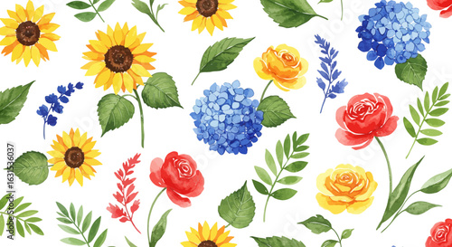 Watercolor floral pattern featuring sunflowers, roses, hydrangeas, and leaves for backgrounds and designs.
