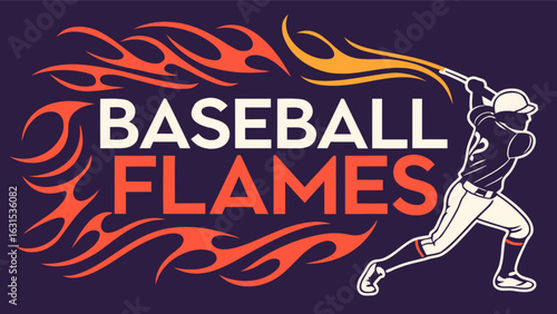 Baseball flames graphic with batter silhouette and fire vector art for sports team logo design template