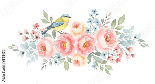 Watercolor floral arrangement with pink roses and a charming bird perched gracefully among the blooms, creating a serene botanical scene