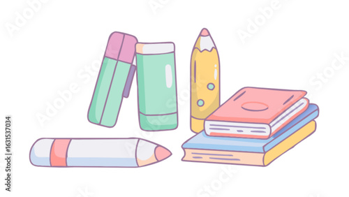 Illustration of back to school supplies including books pencils and erasers for students studying