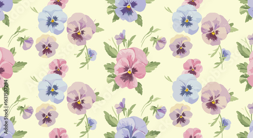 Whimsical floral pattern featuring pansies in soft pastel hues against a light yellow backdrop, creating a serene aesthetic