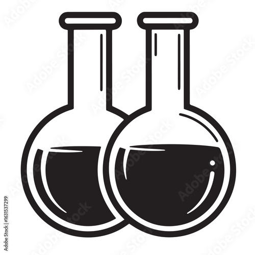 Two flasks with liquid in a minimalist black and white laboratory icon for science