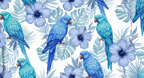 Tropical paradise pattern with blue parrots, hibiscus flowers, and monstera leaves in a watercolor style design