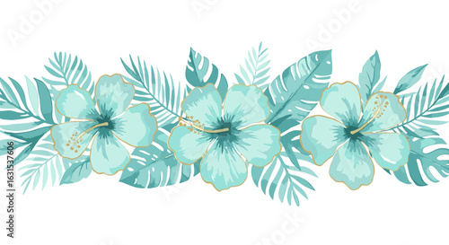 Tropical arrangement featuring hibiscus flowers and palm leaves in a serene aqua color palette with golden accents