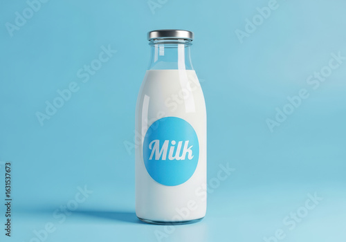 Glass bottle of milk with blue label