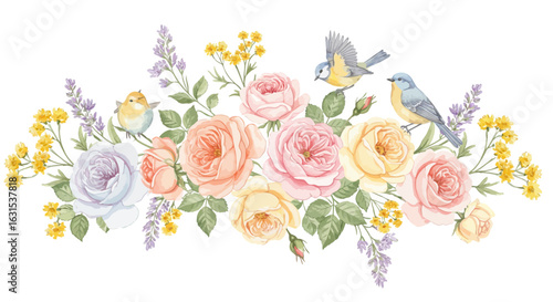 Watercolor floral arrangement with roses, lavender, and small yellow flowers, complemented by perched birds