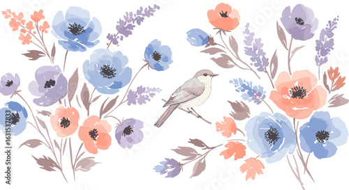 Watercolor floral arrangement with bird illustration featuring pastel blooms and delicate lavender sprigs for spring design