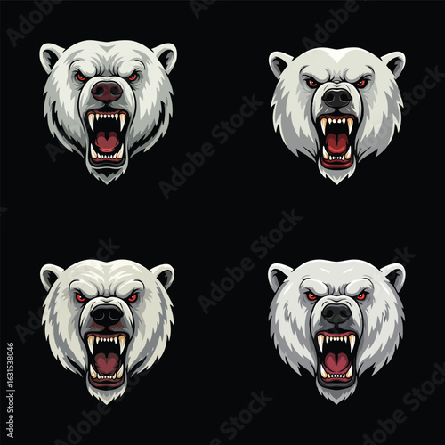 Flat vector of a aggressive polar bear head, animal illustration set