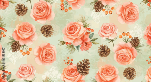 Elegant watercolor pattern with peach roses, pine cones, and berries on a soft green background for festive designs