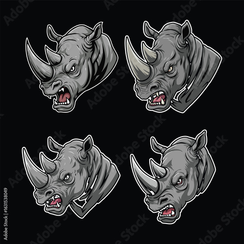 Flat vector of a aggressive rhino head, animal illustration set