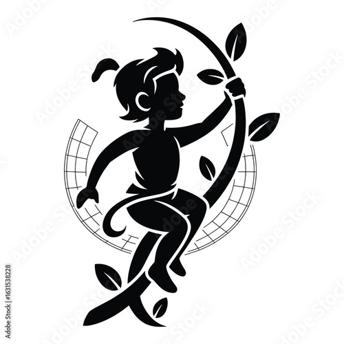 Silhouette of a Child Climbing a Branch with Leaves and a Geodesic Dome Representing Growth and Sustainability Concepts