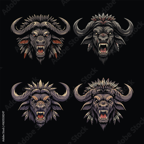 Flat vector of a aggressive buffalo head, animal illustration set