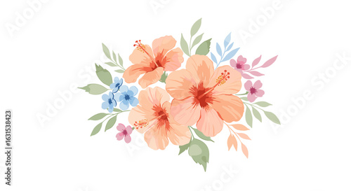Watercolor hibiscus flowers arrangement with leaves and small blooms, perfect for summer themed designs and decorations