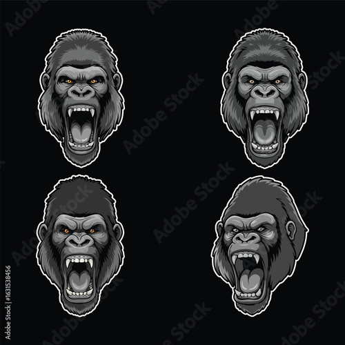 Flat vector of a aggressive gorilla head, animal illustration set