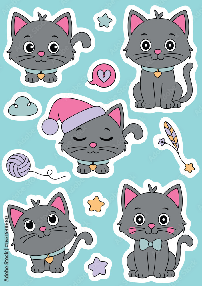 Fototapeta premium Cute Grey Cat Digital Sticker Collection