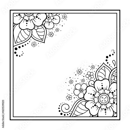 Frame in eastern tradition. Stylized with henna tattoos decorative pattern for decorating covers for book, notebook, casket, magazine, postcard and folder. Flower border in mehndi style.