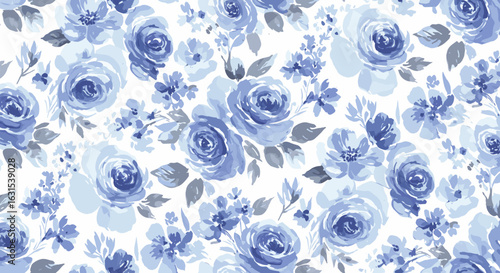 Seamless floral pattern with delicate blue roses and gray leaves creating an elegant watercolor design, ideal for backgrounds and textiles