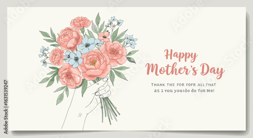 Elegant Mother's Day greeting with a bouquet of pink peonies and blue blossoms held in hand illustration