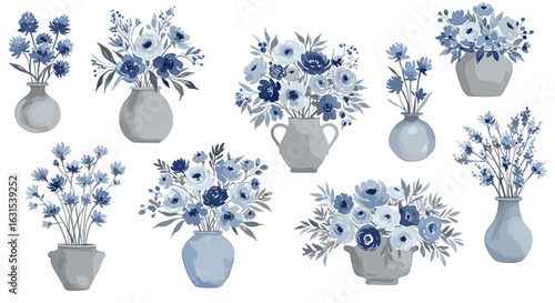 Watercolor floral arrangements featuring blue blossoms in elegant vases for serene and elegant designs