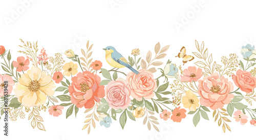 Elegant floral arrangement featuring pastel peonies, roses, and a delicate bird perched among the blossoms in soft colors