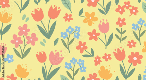 Cheerful floral pattern with colorful tulips, forget-me-nots, and blossoms on a pastel yellow background for spring designs