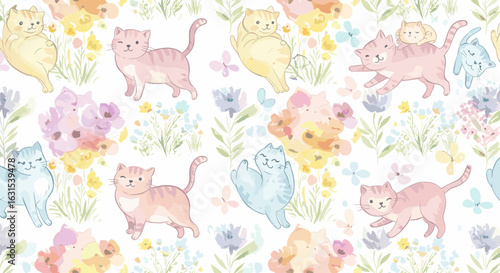 Watercolor pattern featuring playful cats amidst delicate pastel flowers and fluttering butterflies in a seamless design