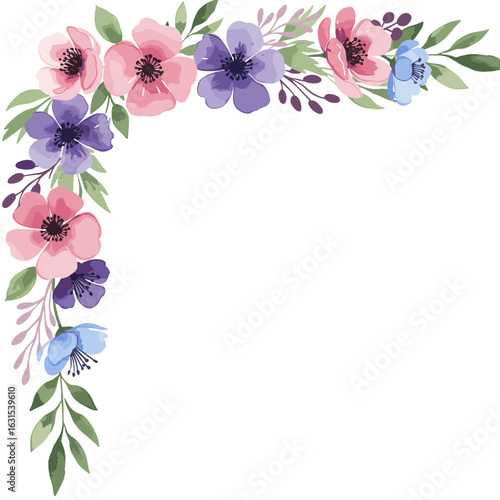 Watercolor floral corner arrangement with pink, purple, and blue flowers, perfect for spring and summer designs