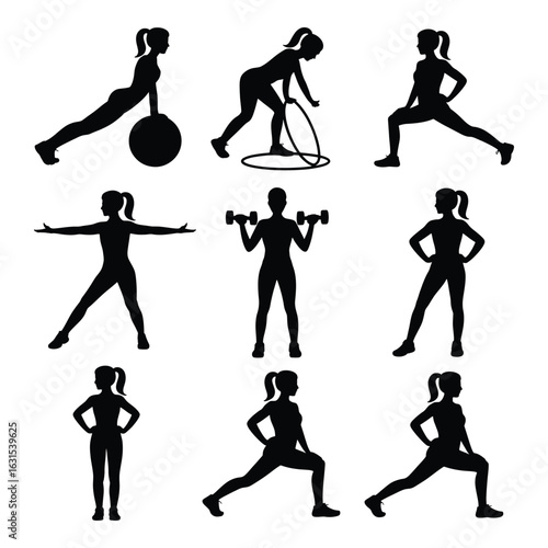 Silhouette of a woman doing various fitness exercises including weights ball and hula hoop for a healthy lifestyle