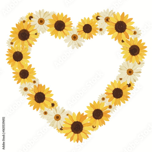 Heart shaped floral arrangement of sunflowers and daisies, a beautiful and natural design element for various projects