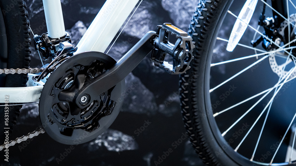 Obraz premium Crankset, chain and paddle with front wheel of modern bicycle in bike shop. Bicycle gear parts. Cycling mechanic components