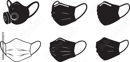 Six Black Silhouette Icons of Face Masks and Respirators on White Background medical mask protection