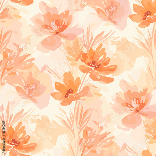 Elegant floral pattern with orange watercolor flowers and leaves, creating a soft and calming botanical design for backgrounds and textiles