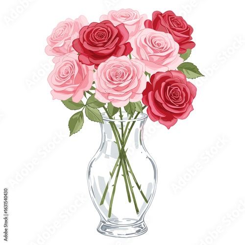 Elegant glass vase filled with a beautiful bouquet of red and pink roses, creating a romantic floral arrangement for decoration