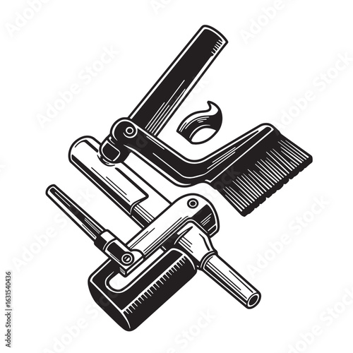 Vintage vector illustration of barber tools including straight razors and hair brushes