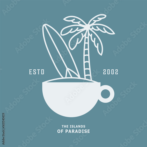 Minimal surf-themed design featuring a coffee cup with a palm tree and surfboard inside. Text reads “The Islands of Paradise” with “ESTD 2002.” Perfect for tropical café or beachwear concepts.