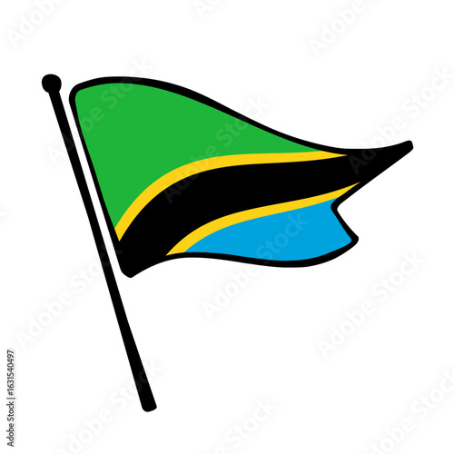 Flag of Tanzania. Tanzania flag vector illustration icon design in the hand-drawn style. Fluttering flagpole flag.