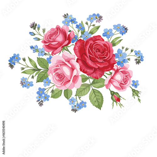 Elegant floral arrangement featuring red and pink roses with forget-me-nots on a white background, creating a soft, romantic design