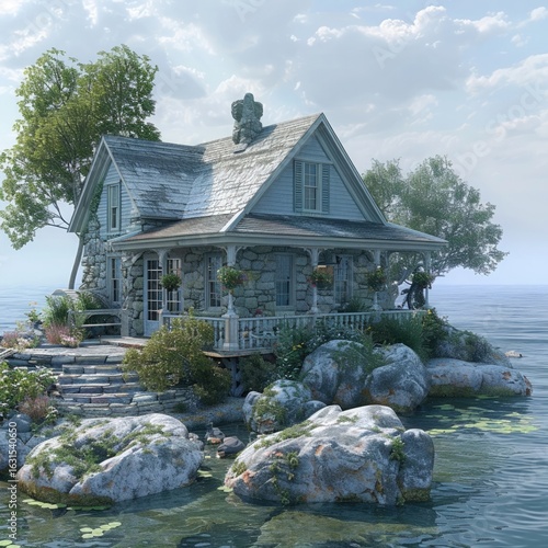A seaside cottage with a wraparound porch, surrounded by large rocks and a calm, deep blue ocean under a soft, cloud-filled sky.