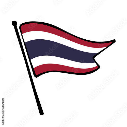Flag of Thailand. Thailand flag vector illustration icon design in the hand-drawn style. Fluttering flagpole flag.