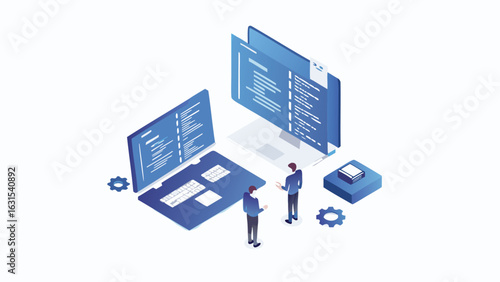 Isometric view of two developers discussing code on laptop and desktop screens with gear icons near by