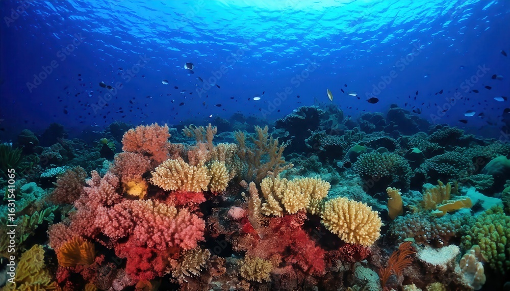 Fototapeta premium Vibrant coral reef teeming with marine life at the deep sea bottom under clear blue waters