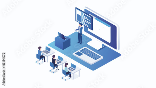 Isometric illustration of a teacher giving a lesson to students using computers in a classroom setting