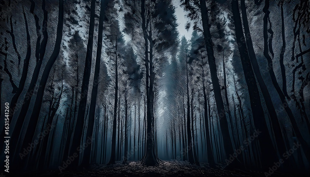 Fototapeta premium Eerie darkness envelops a forest, with towering trees silhouetted against an absence of light