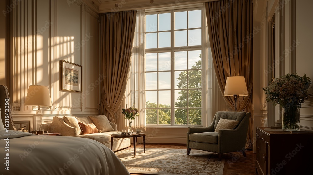 Fototapeta premium Modern minimalist hotel room with large bed, beige walls and curtains, wide-angle view, soft lighting and warm tones creating elegant and comfortable interior atmosphere